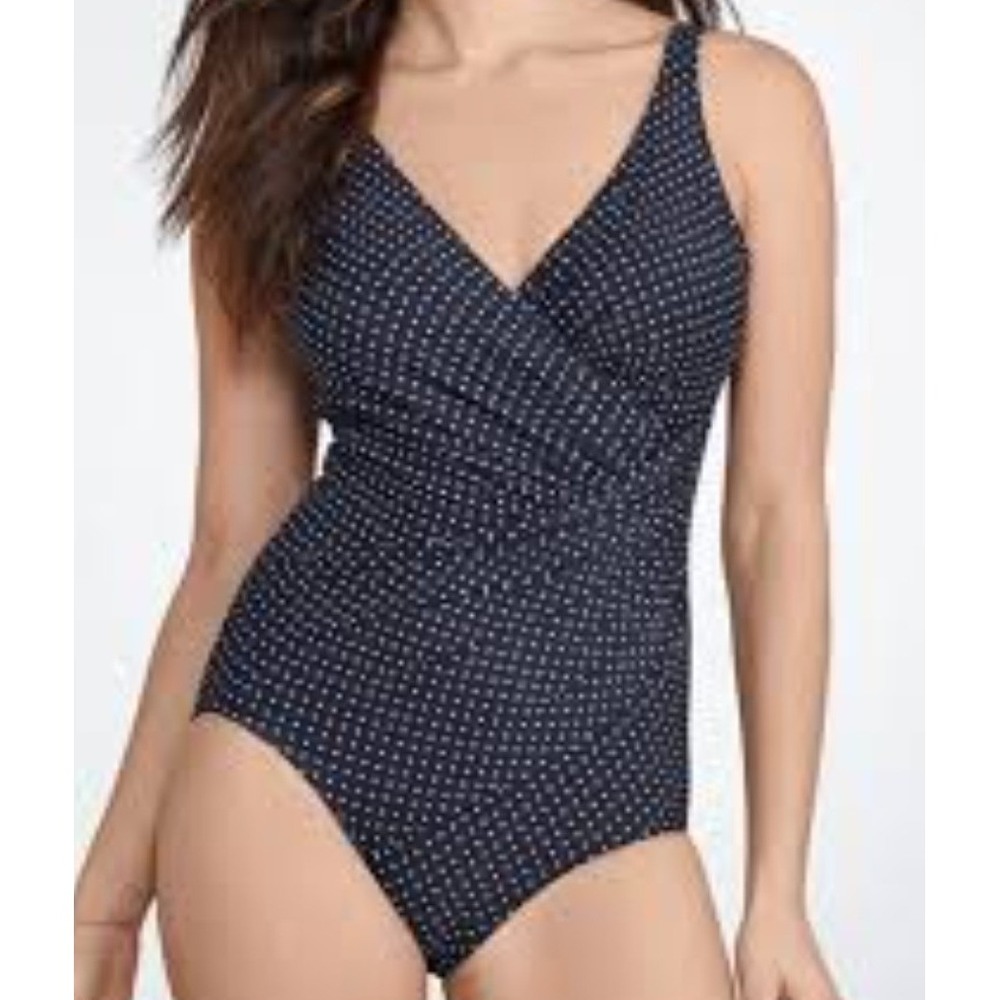 Miraclesuit Oceanus One Piece Swimsuit Women‎ Navy Blue White Polka Dot Ruched